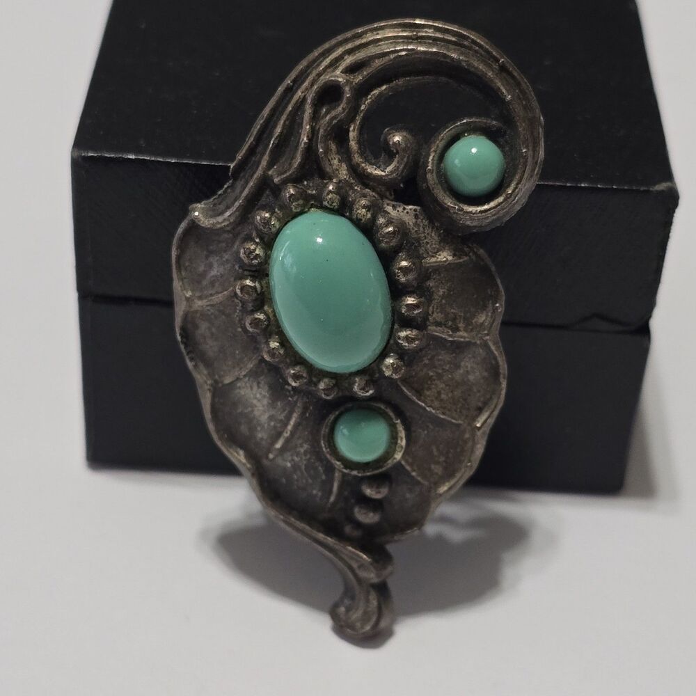 Vintage Art Nouveau Style Leaf Dress Scarf Clip Pin Turquoise Cabochons Antique